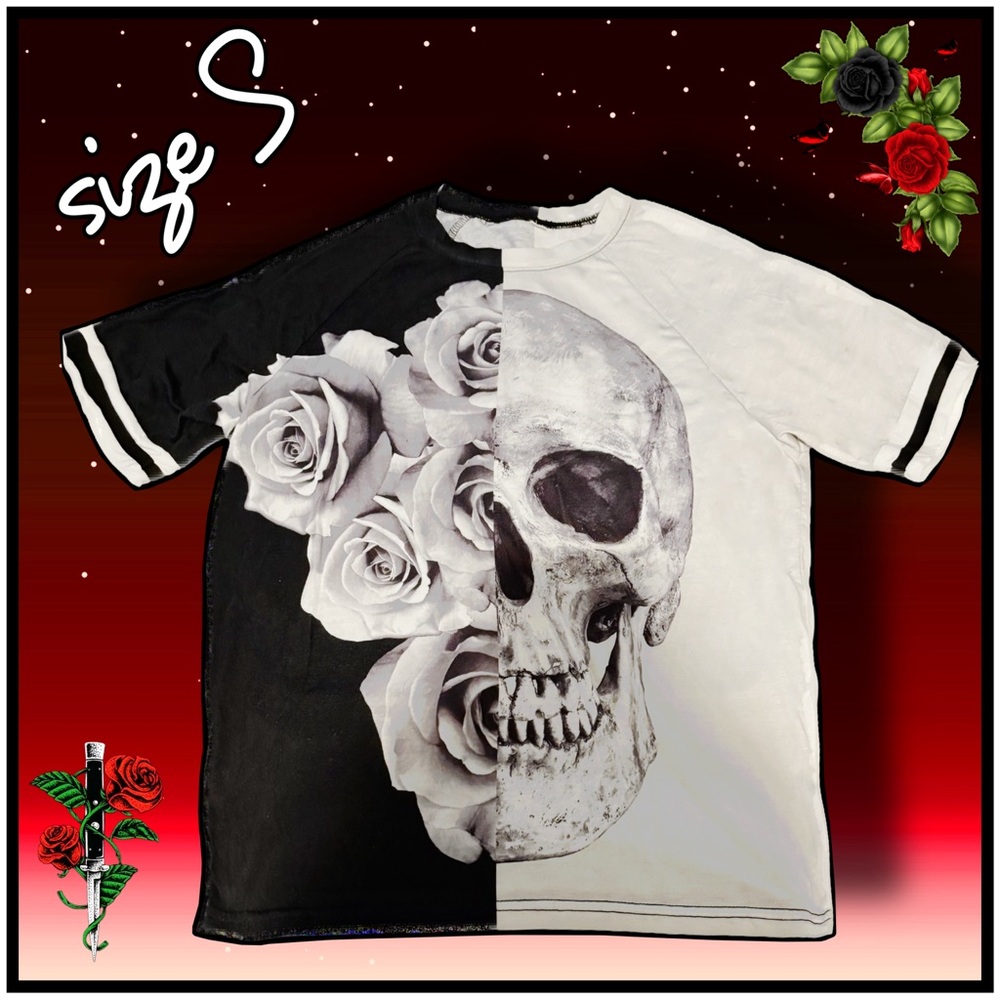 black & white skull design graphic t TSHIRT size S